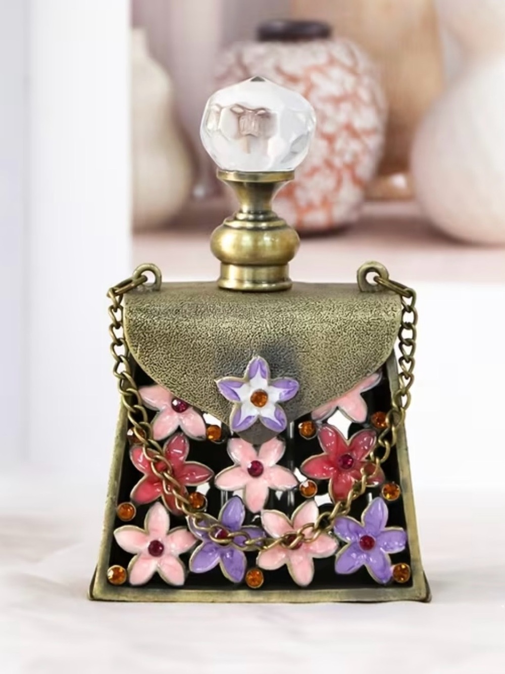 New Gold Floral Enamel Miniature Perfume Bottle in Pink & Purple